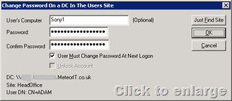Change password on user's site dialogue box