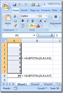 Subtotal vs status bar 2007