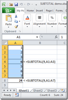 Subtotal vs status bar 2010