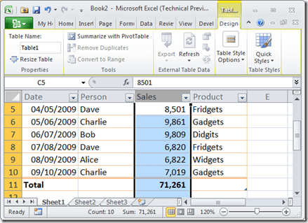 Table headers in Excel 2010 showing filters