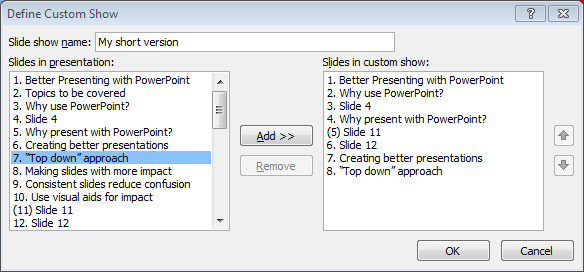 PowerPoint custom slide show dialogue