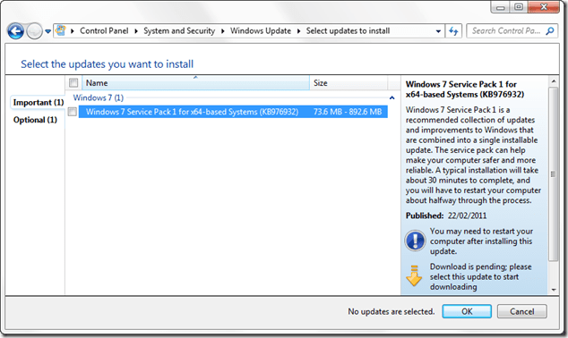 Windows 7 service pack 1 shown as hotifx KB976932 in Windows Update