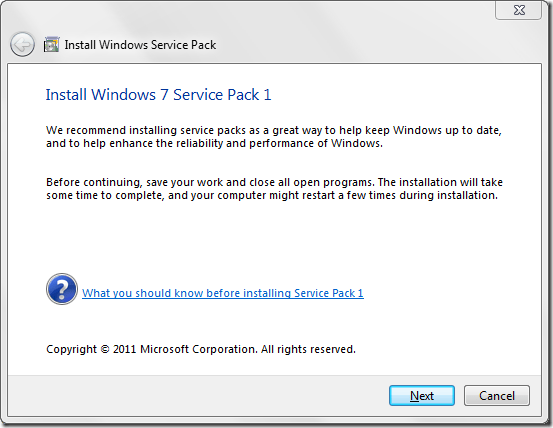 Windows 7 service pack 1 first step