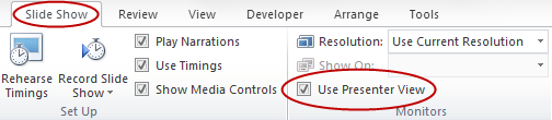 PowerPoint Slide Show Ribbon tab - Presenter View option