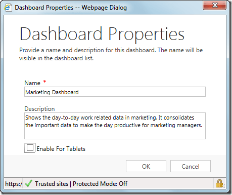 Dashboard properties CRM 2015 Dashboard properties CRM 2015